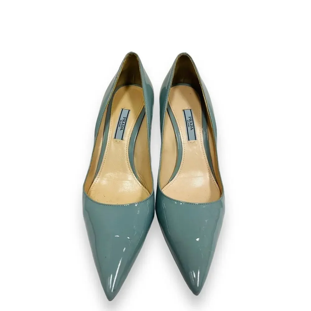 PRADA Blue Patent Leather Pointed Toe Heels 100 mm Pumps 39 US 9 - Picture 2 of 8